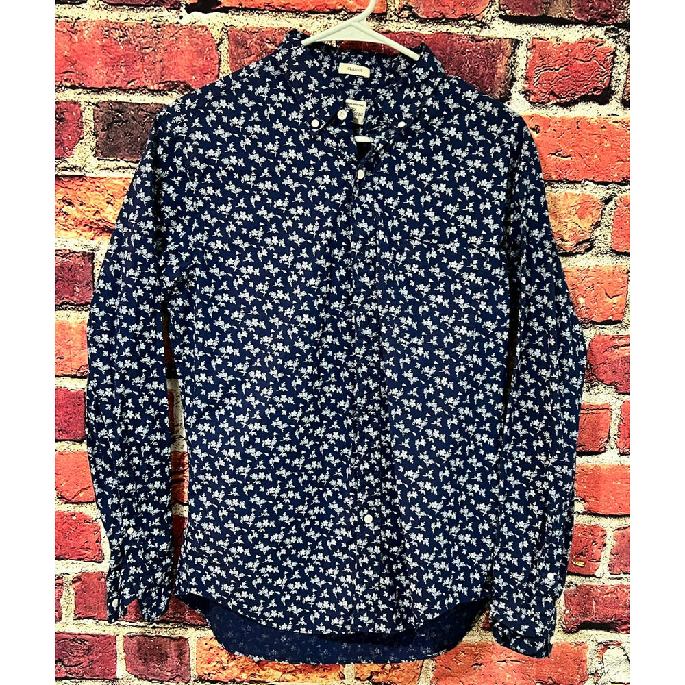 J Crew Secret Wash Stretch Button Up Floral Blue White Shirt Size Medium